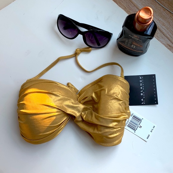 La Blanca Gold Ruched Two Piece Bandeau Bikini Set Halter Tie Wear It 3 Ways ⭐️ - Picture 7 of 16